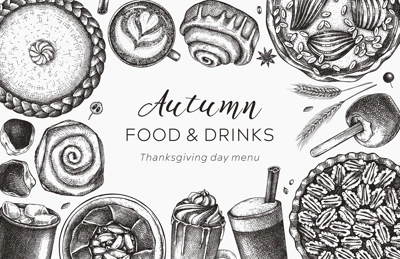 Autumn desserts banner. Thanksgiving dinner illustrations. Fall festival desserts, pies, cakes, drinks sketches. Sketched graphics fall food background. Thanksgiving table black and white design